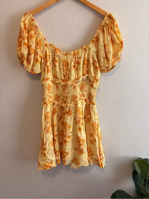Sabo Skirt Milota Dress Size M Yellow Floral Puff Sleeves Mini Boho Summer - Image 6