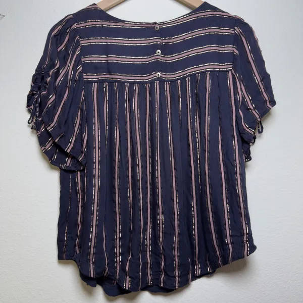 Anthropologie‎ Women Cotton Cameron Tie Sleeve Blouse XS Navy Gold Striped Top - Image 8