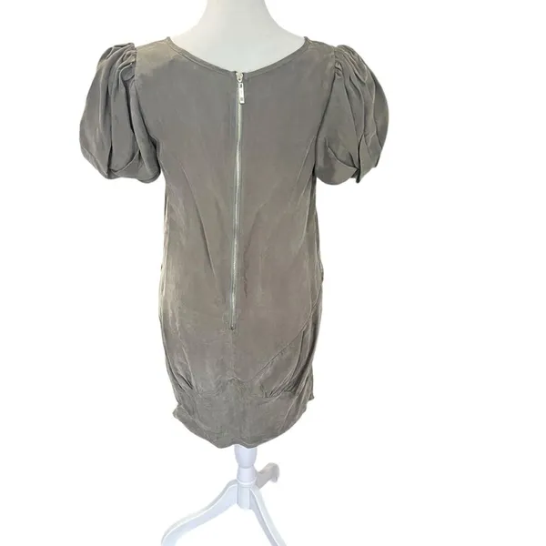 Marni 100% Silk Olive Green Ruched Puff Sleeve Shift Mini Dress M - Image 5