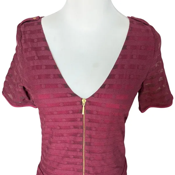 Sézane Drop Waist Mini Dress Size S‎ Burgundy Red Front Zip Sheer - Image 2