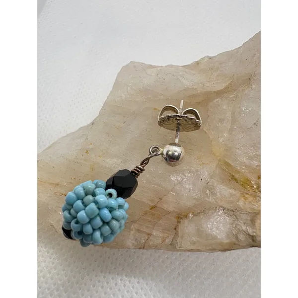 Vintage Sterling Silver Beaded Drop Earrings Turquoise Blue Black 925 Dangle - Image 2