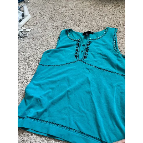 vintage Boho Embroidered Silk Blend Tank Top Turquoise Beaded Sleeveless Knit - Image 2