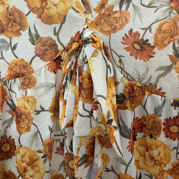Floral Print V Neck Long Sleeve Bow Tie Front Sheer Blouse Top - Image 6