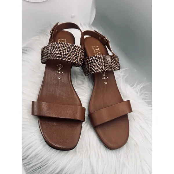 Italian Shoemakers Sandal Womens Size 10 Brown Woven Slingback Italy Block Heel - Image 4
