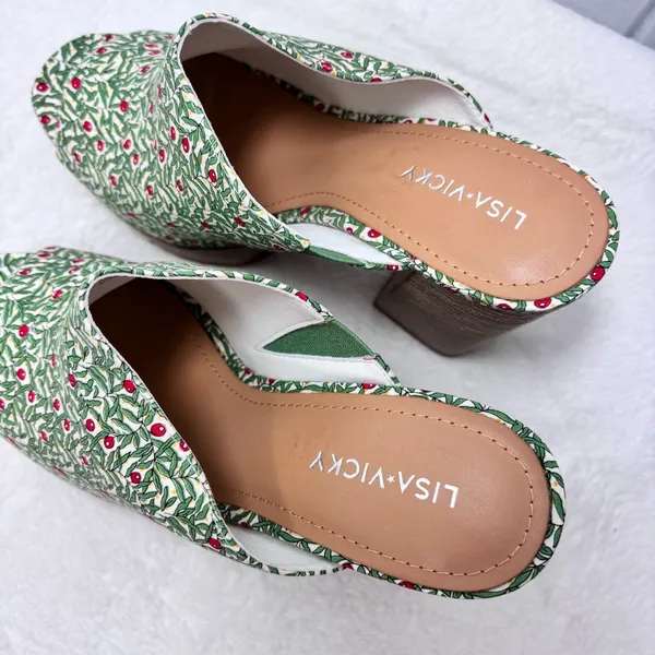 NWT Lisa Vicky Joy Green Botanical Print Platform Mule Clog Heels Size 9 - Image 9