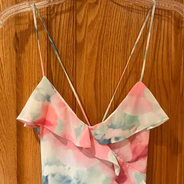 ZARA Watercolor Floral Printed Ruffle‎ Lined Mini Dress Pink Blue Green Sz Small - Image 13