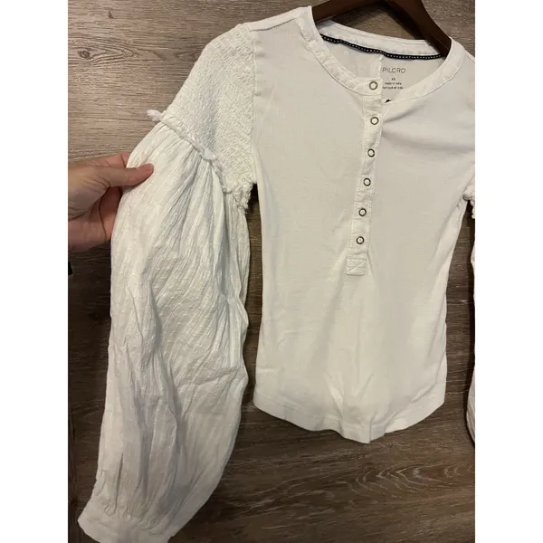 Pilcro Anthropologie White Ribbed Henley Top Smocked Balloon Sleeve Womens XS - Image 5