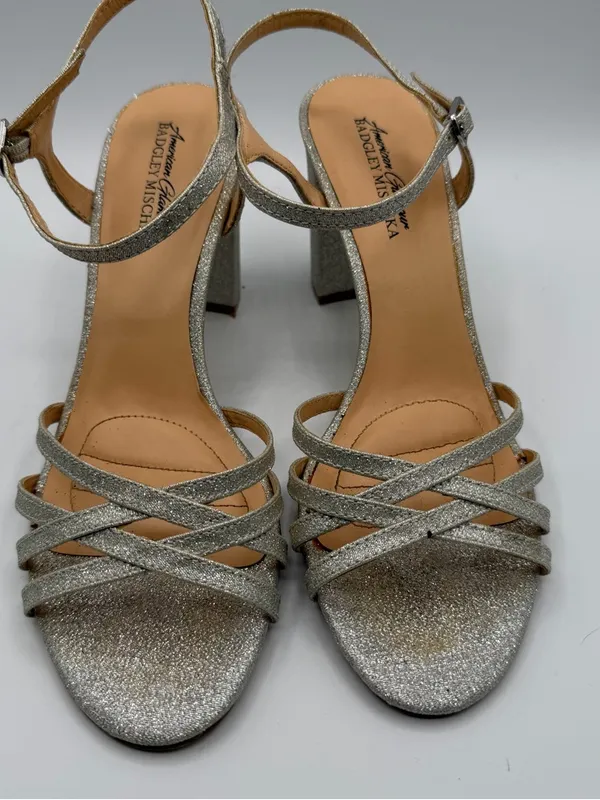 Badgley Mischka American Glamour Silver Glitter Block Heel Sandals Womens 10 - Image 2
