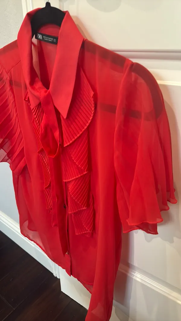 Zara Vibrant Red Sheer Ruffled Blouse - Image 3