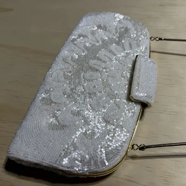 Vintage‎ White Beaded Evening Clutch Purse Wedding Bridal Formal Shoulder Bag - Image 2