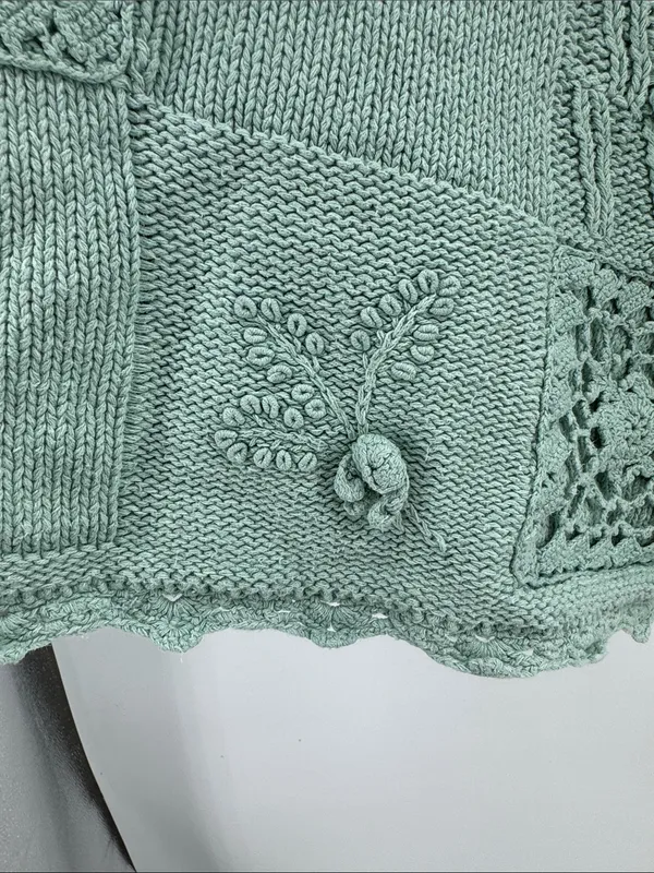 Melbourne Elements Pom Pom crochet Knit Patchwork Sweater sage L cottage - Image 7