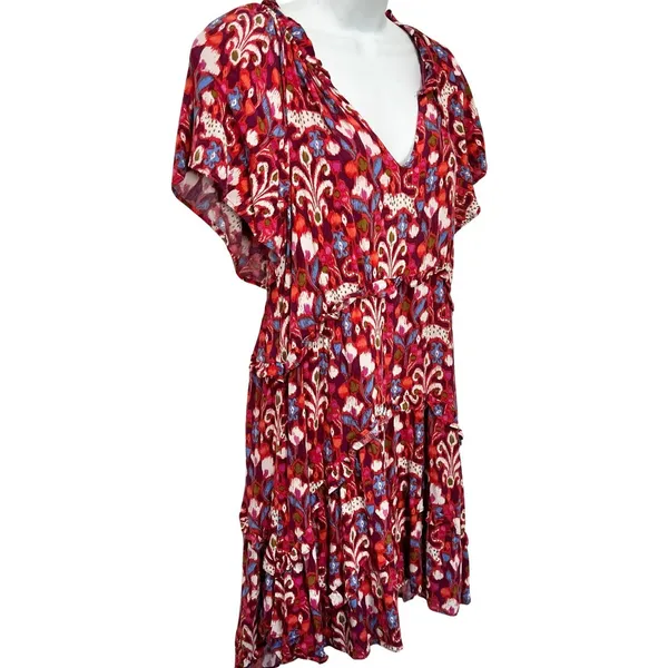 Anthropologie Pink Red Blue Ruffle Flutter Sleeve Dress size S Boho Tomato Girl - Image 10