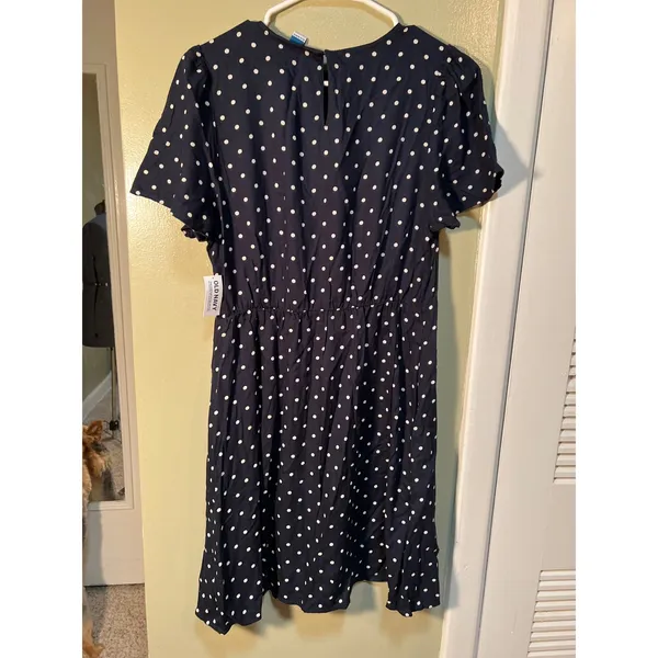 Old Navy Women's Size Medium Crepe Mini Dress Navy Blue White Polka Dots Short - Image 6