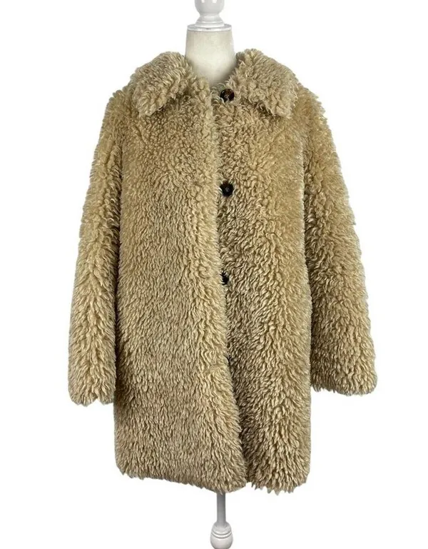 Zara Faux Fur Long Teddy Sherpa Jacket Coat Natural Beige Size Small 8490/241 - Image 2
