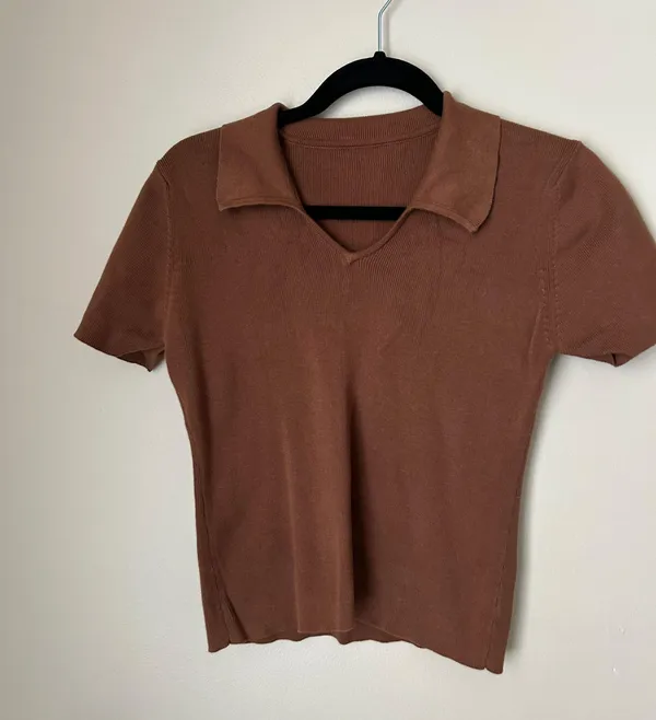Brown Ribbed Collared Top Size M - Image 2