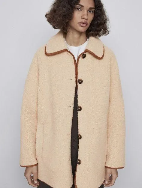 ZARA Tan Brown Cream Sherpa Suede Leather Button Down Coat Jacket - Image 3
