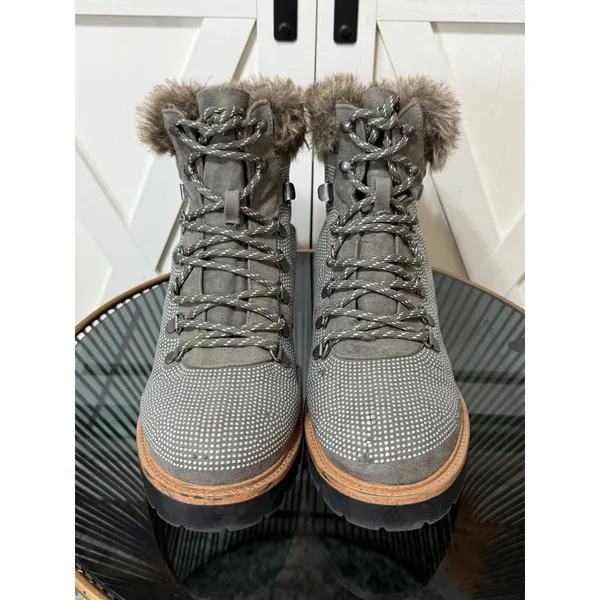 Report Women’s Size 10 Grey Combat Hiking Boots Faux Fur Collar Rhinestone Studs - Image 3