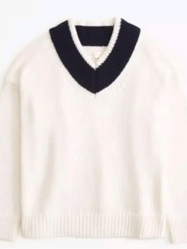 Abercrombie & Fitch Womens Merino Wool Chunky V Neck Sweater Ivory Navy Blue Xl - Image 8