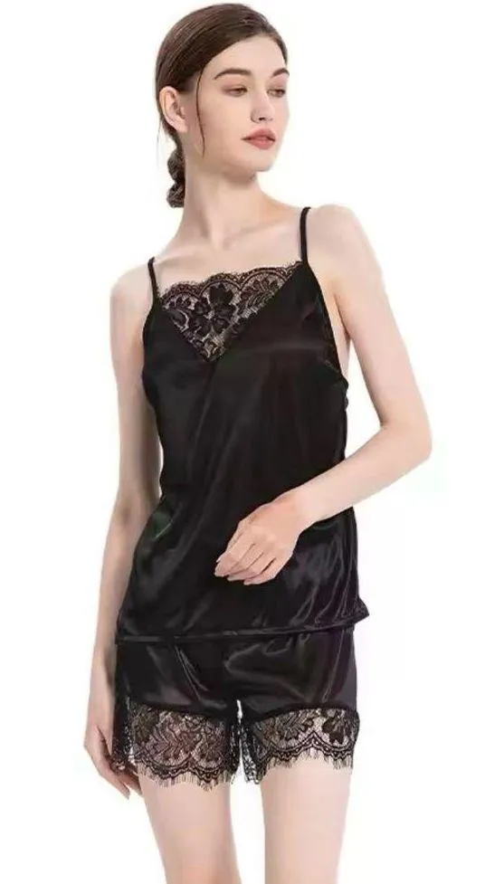 Ice Silk Lace edge 2pc set: shorts + sleeveless top Home wear Pajama Lingerie - Image 3