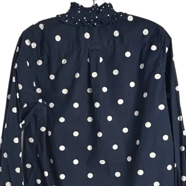 J. Crew Women's Size 6 Blue Polka Dot Ruffle‎ Neck Button-Up Shirt - Image 3