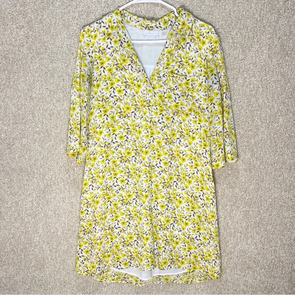 Imperfect yellow floral pocket dress vneck pointed collar lined‎ bright bohemian - Image 2