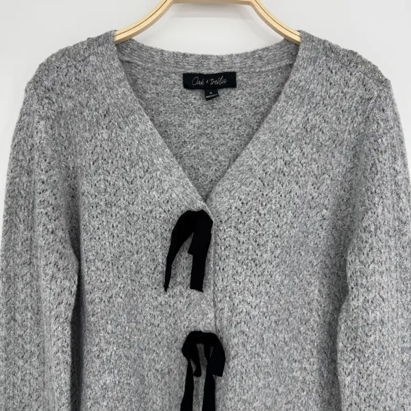Oak‎ & Trellis Front Bow Tie Sweater XL Gray Coquette Balletcore Pointelle Soft - Image 5