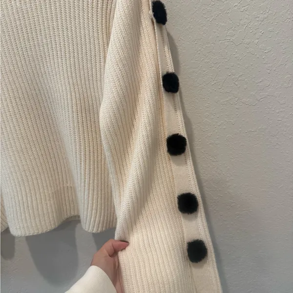 MILLY Pom Pom‎ Sleeve Ribbed Knit Sweater in Ivory size XS - Image 8