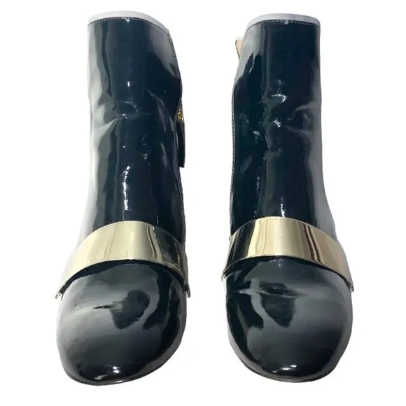Zara Womens Black & Gold Patent Leather Almond Toe Chunky Block Heel Ankle Boots - Image 5