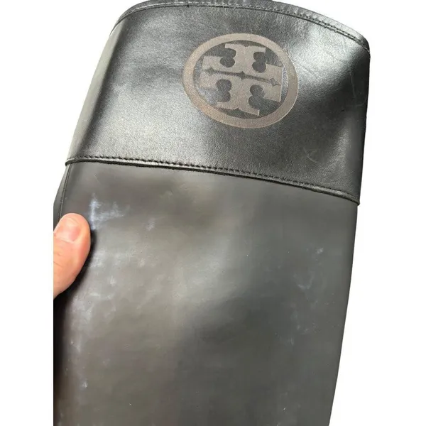 Tory Burch Women's Tall Black Rubber Leather Riding Boots Size 7M *note flaw - Image 4