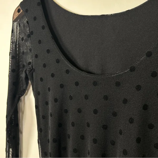 Vintage 90’s Y2K Goth Black Polka Dot Mesh Top With Sheer Ruched Long Sleeves S - Image 3