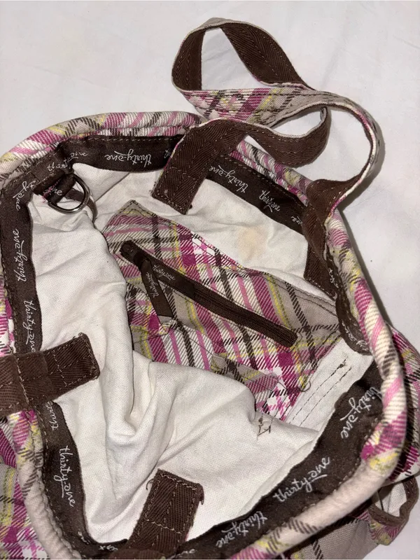 Thirty-one Plaid Distressed Canvas Tote Bag in Pink and Cream - Image 3