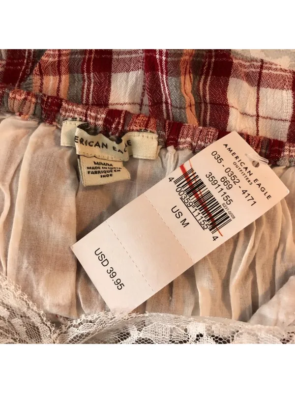 American Eagle Womens Babydoll Red & White Plaid Crop Top Cami Lace Trim Size M - Image 3