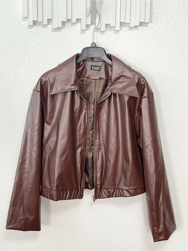 Amazon Brown Faux Leather Collared Zip Front Cropped Bomber Jacket - Image 3