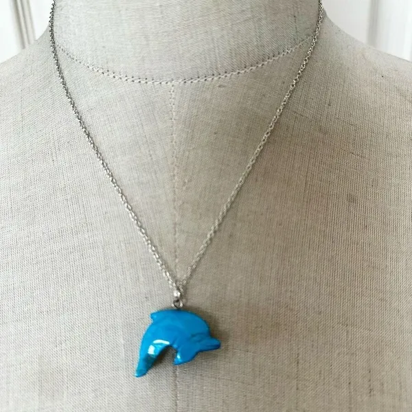 Carved Turquoise Dolphin Pendant Necklace - Image 3