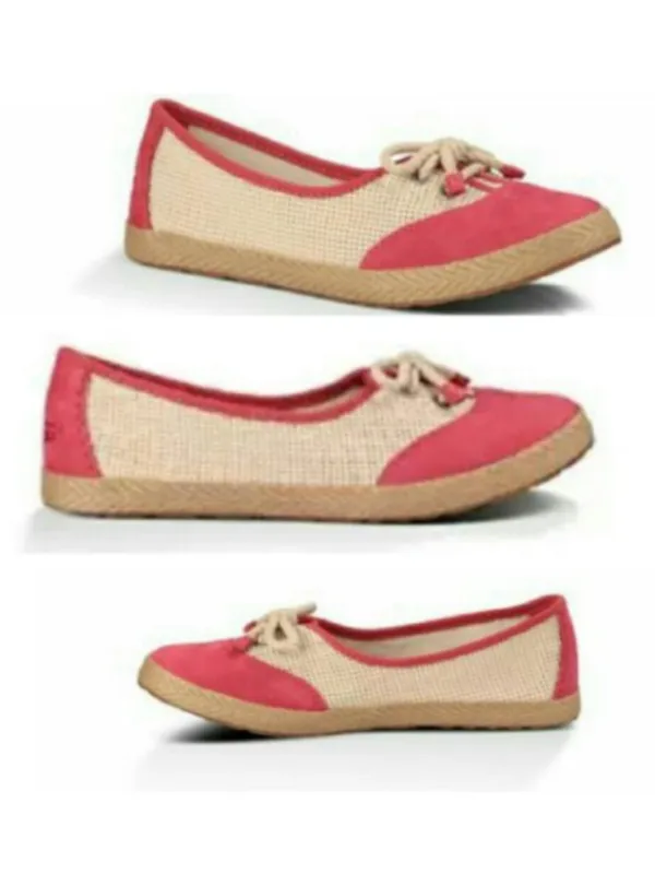 UGG Catrin Crochet Slip Ons Coral Red Pink Beige Espadrille LEATHER Flats US 8 - Image 3