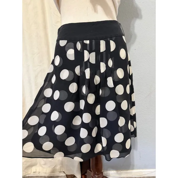 Ann Taylor 100% Silk Midi Skirt Size 2 Black White Polka Dot Pleated‎ A-Line Mod - Image 9