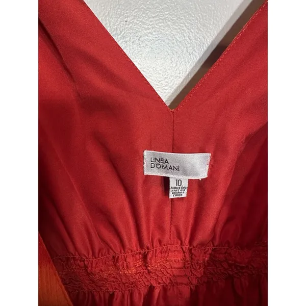 LINEA DOMANI Dress Orange-Red Hawaiian Resort Maxi V-neck Sleeveless Size 10 - Image 4