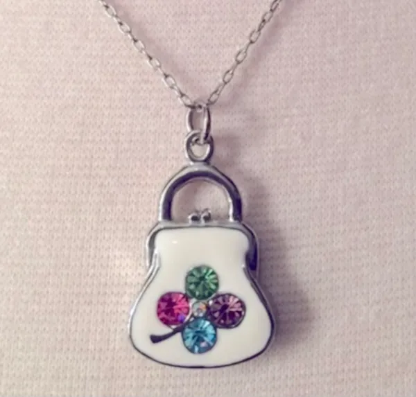 Vintage White Enamel Sterling Silver Rhodium Plated Crystal Purse Necklace - Image 2