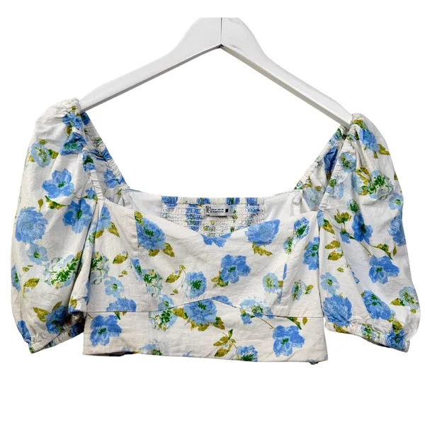 Zara Linen Blend Floral‎ Crop Top Puff Sleeve Smocked White Blue Women's M - Image 3