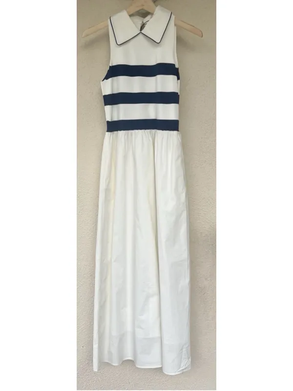 Tuckernuck Ivory Stripe Marina Midi Dress Small Collared Coastal Nautical Prep - Image 5