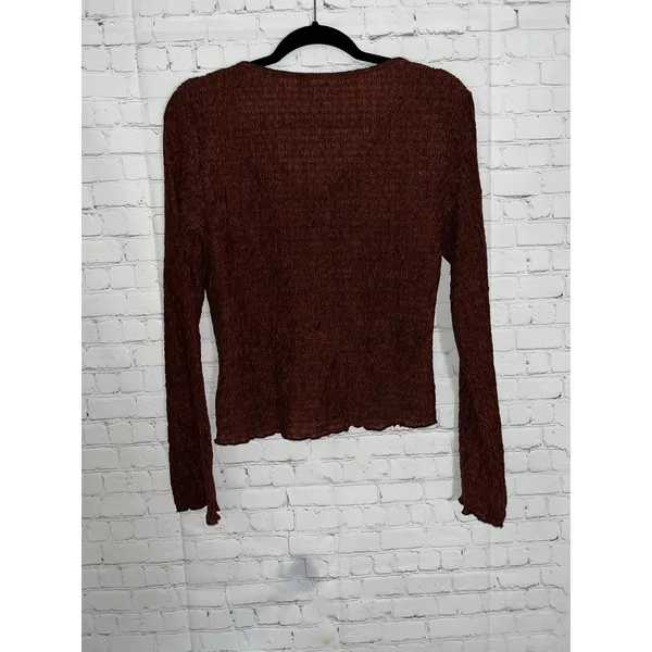HM Womens Textured Crinkle Cardigan Top Brown Gold Button V-Neck Large 1283685-1 - Image 6
