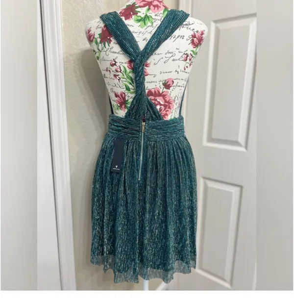 Lulus metallic stripe twist back cocktail dress in gold/teal - Image 5