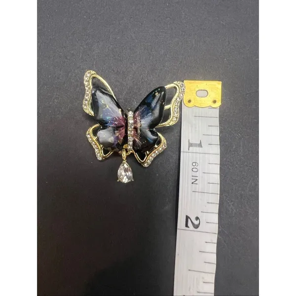 Blue Pink Glitter Resin Wings Gold Tone Rhinestone Butterfly Brooch - Image 9