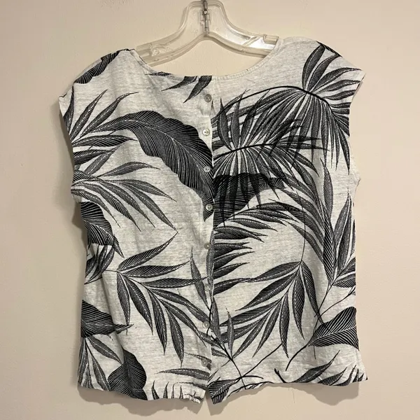Tahari Shirt 100% Linen‎ Flax Off White Black Palm Cap Sleeve Button Back Medium - Image 2