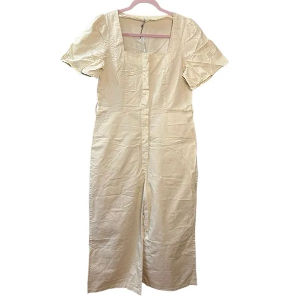 Mango Button‎ Up Belt Jumpsuit Cream Beige Size Medium Square Neck Feminine - Image 2