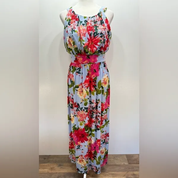 Tropical Floral Print Halter Maxi Dress Baby Blue Gilli ModCloth Vacation Party - Image 2