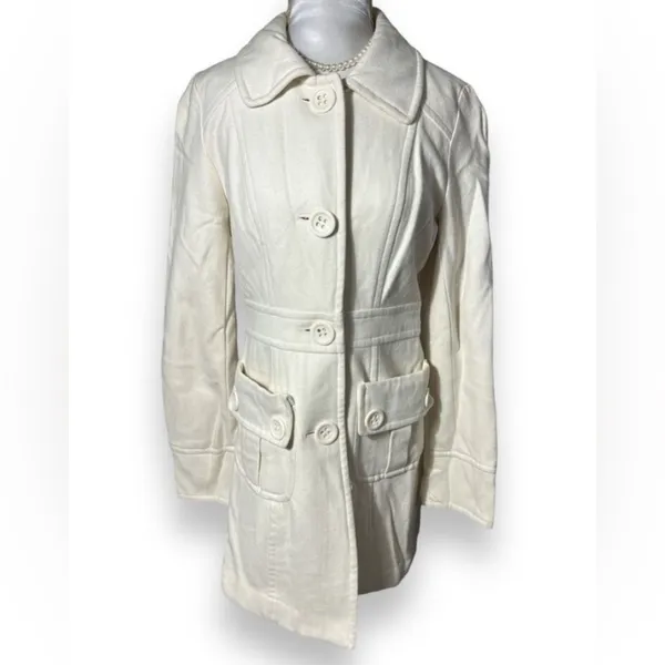 Anthropologie sz M Womens Tulle White Wool Collared Chunky Button Coat‎ Preppy - Image 2