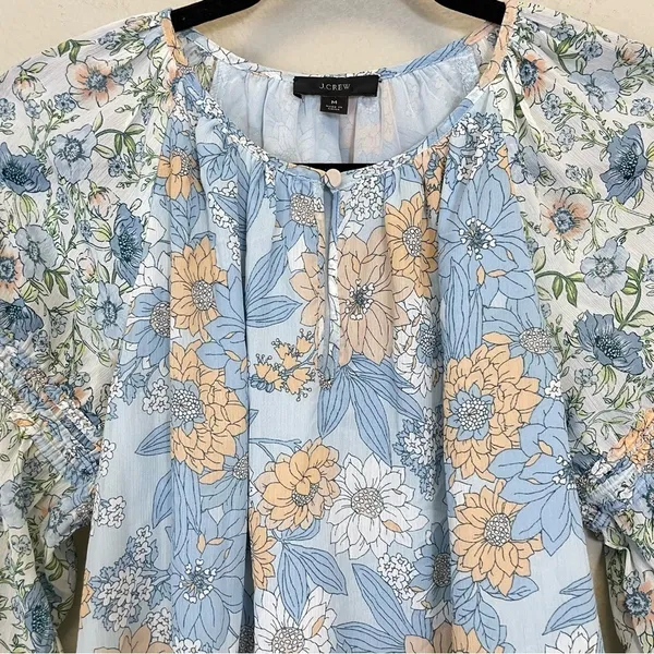 J. Crew Blue Floral Chiffon Long Sleeve‎ Blouse Size M - Image 5