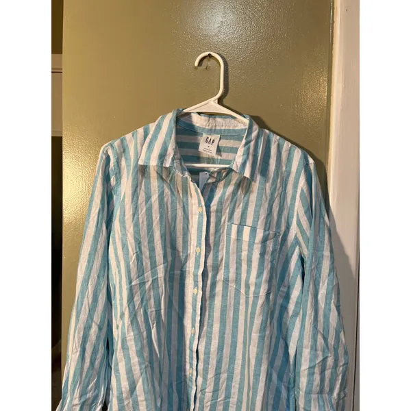 Gap Womens Sz Medium Linen Blend Easy Shirt Button Down Teal White Stripe Pocket - Image 4