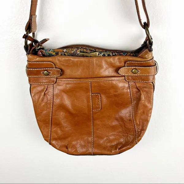 FOSSIL Brown Leather Stitched Adjustable Strap  Paisley Lined Shoulder Bag Boho - Image 7